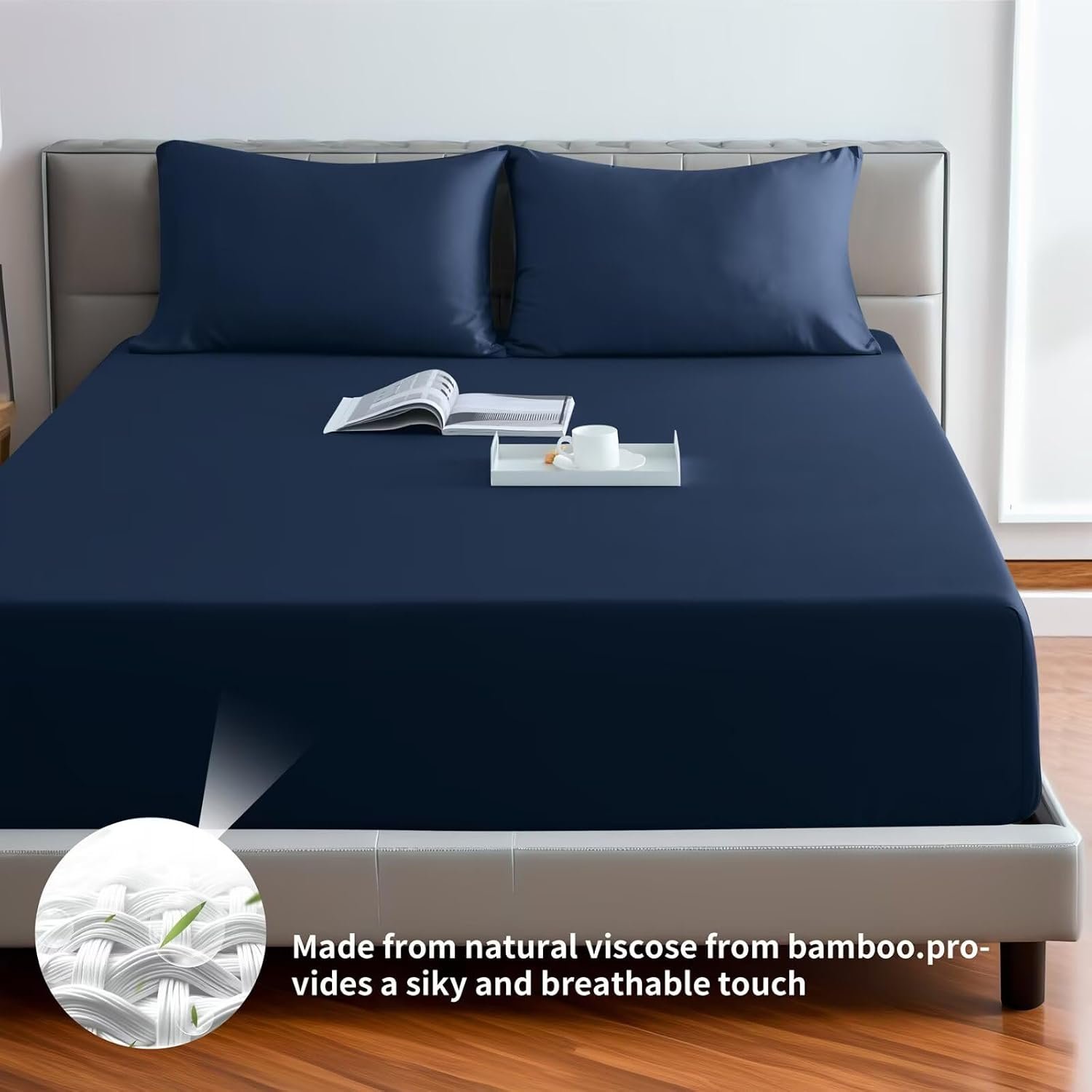Fitted sheet, single pack, single bed size only, bamboo fiber viscose, 400 thread count, 16 15-inch deep pocket, soft, silky, and breathable (single pack, navy blue, single bed size) - Image 2