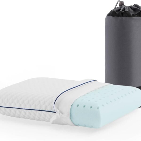 Gel Memory Foam Camping Pillow - Travel Essentials & Must Haves - Camping Gear & Accessories - Contouring Neck Support - Small Size Compatible for Camping, Car, Airplane, and Beach - 1 Pack
