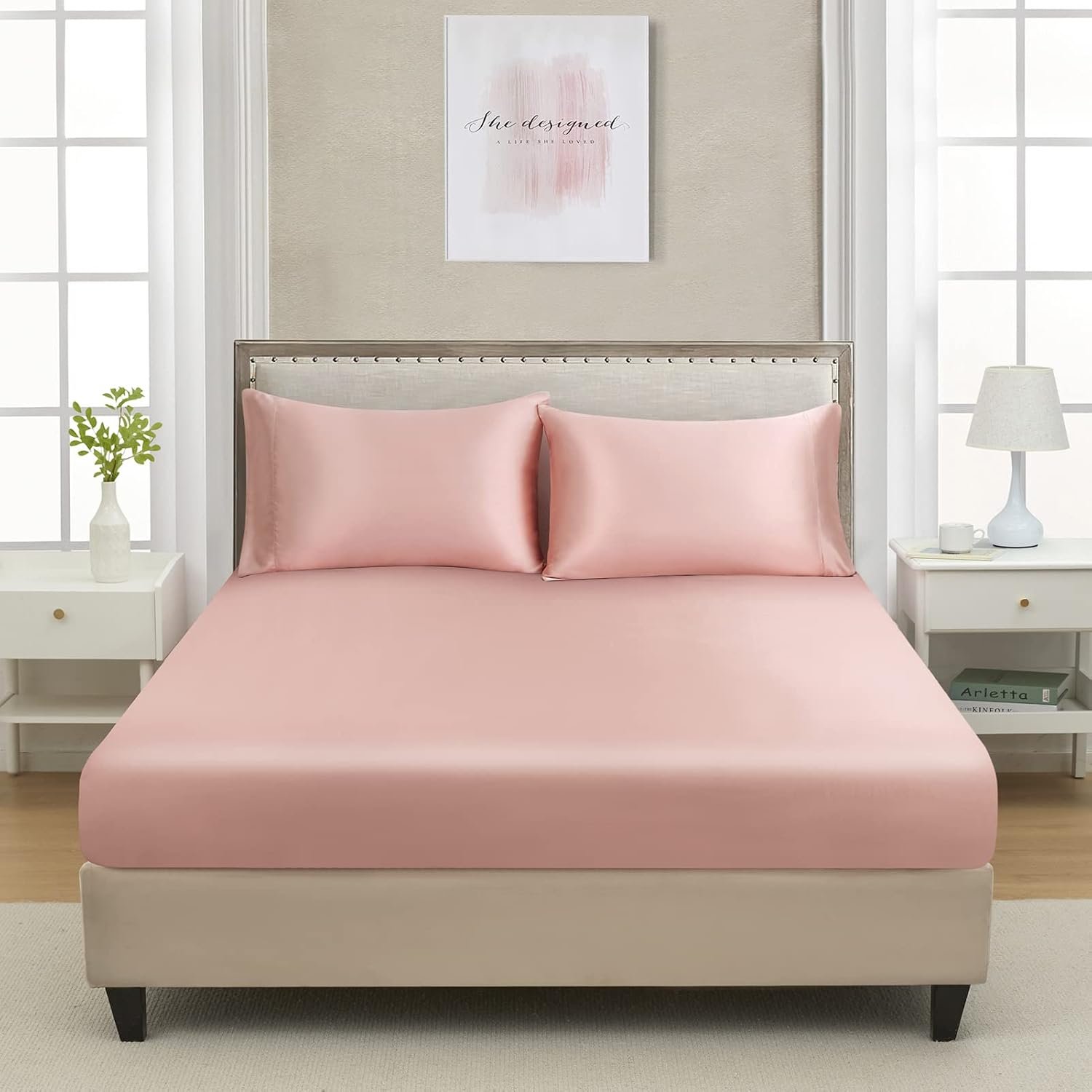 Silk satin fitted sheet, soft deep pocket design, single bed undersheet sold separately, wrinkle-resistant, colorfast, breathable, full elastic design (Queen size, blush) - Image 2