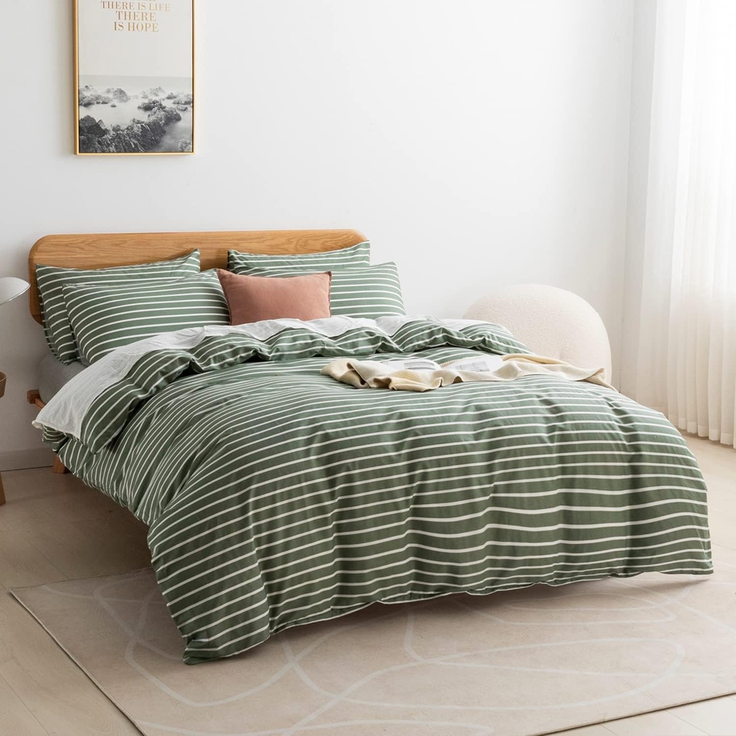 Queen Duvet Cover Set, Cotton Duvet Cover 3 Pieces with Zipper Closure, 1 Duvet Cover and 2 Pillowcases(Green with White Striped) - Image 2