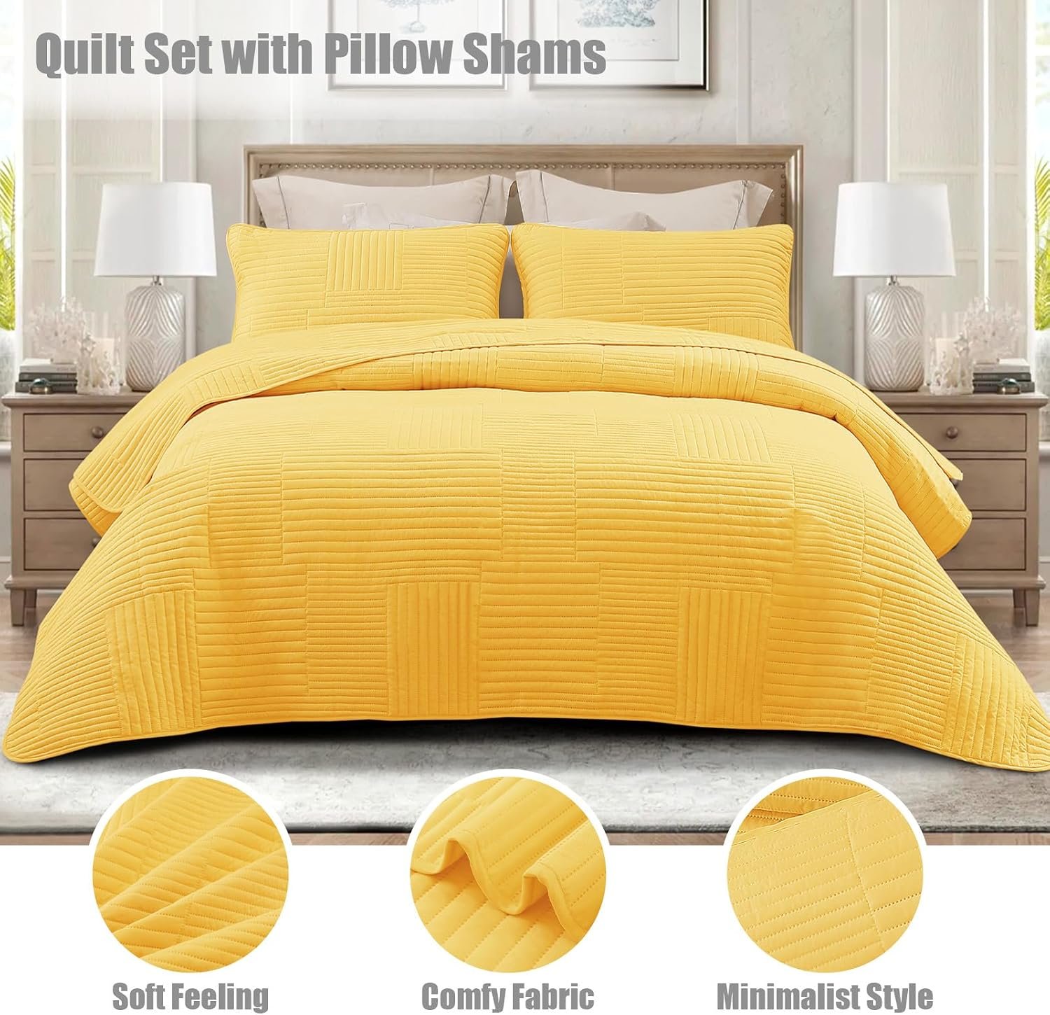 Ultra Soft Queen Quilt Bedding Set, Lightweight Microfiber Yellow Quilts Bedspreads Full Size, 3 Piece Ultrasonic Geometric Coverlet Bed Cover for All Seasons - Image 2