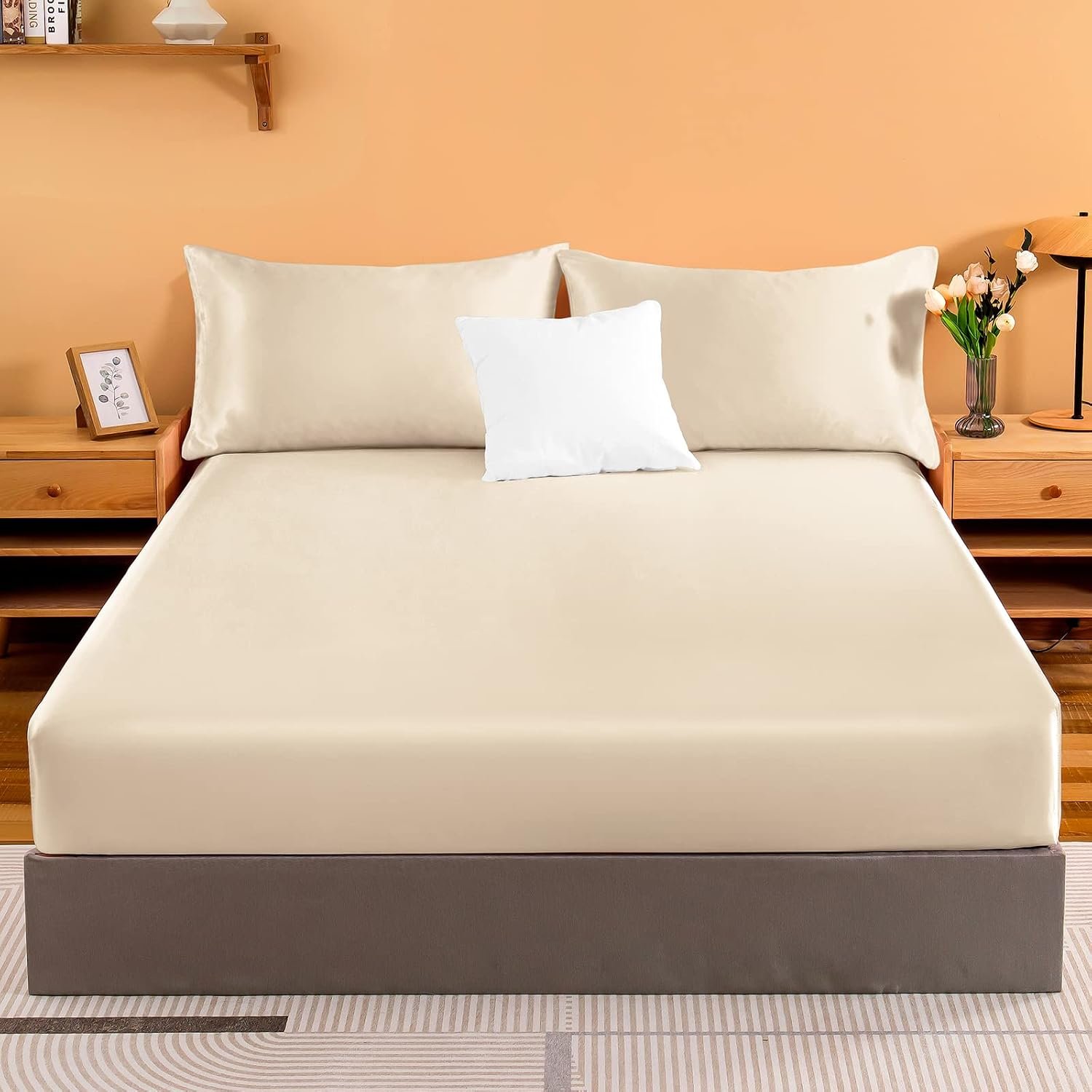 Satin Fitted Sheet, Queen size only, single silky fitted sheet, soft deep pocket fitted sheet, wrinkle-resistant, fade-resistant, and breathable fitted sheet - light khaki - Image 2