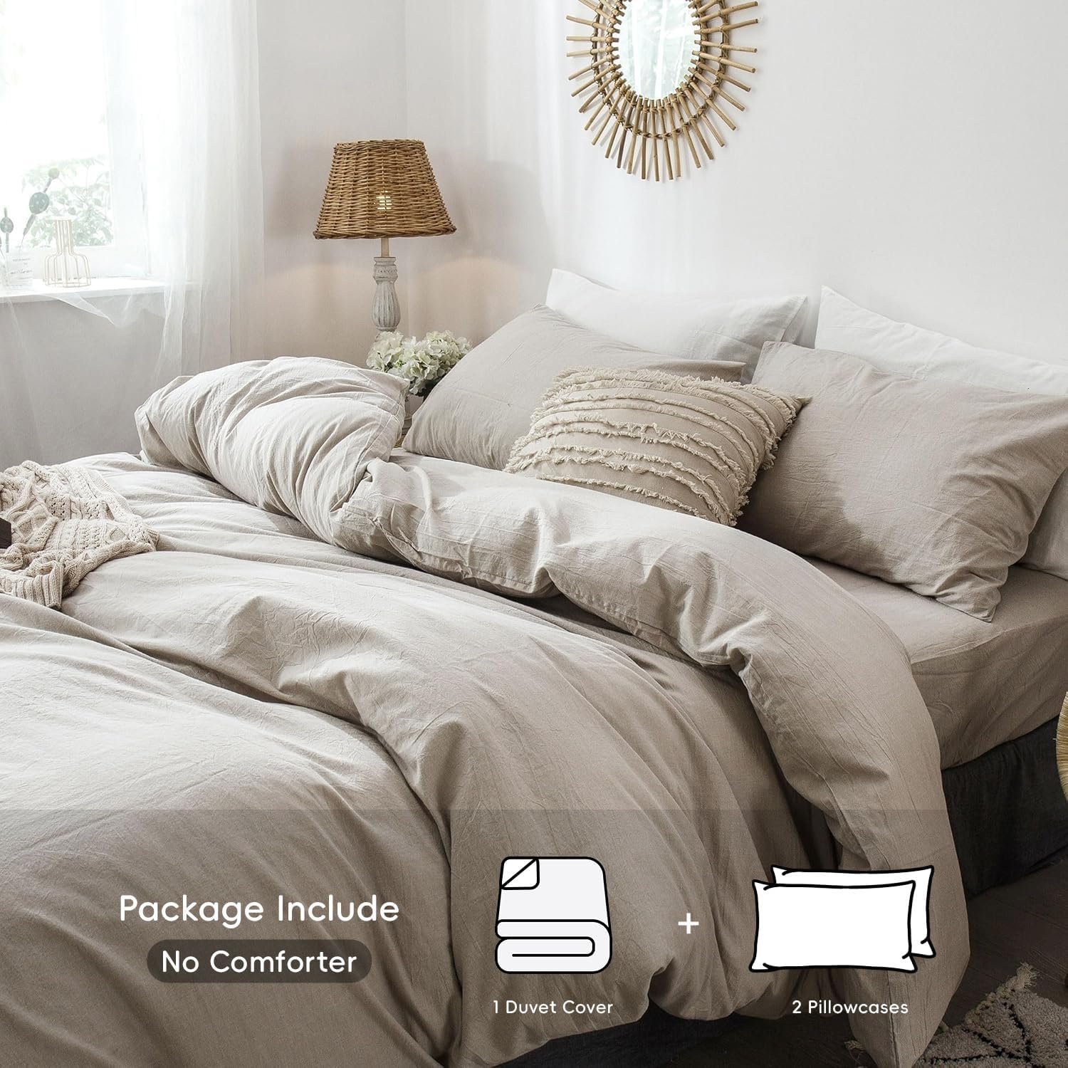 Bedding Duvet Cover Set 100% Washed Cotton Linen Like Textured Breathable Durable Soft Comfy (Tannish Linen Grey, King) - Image 2