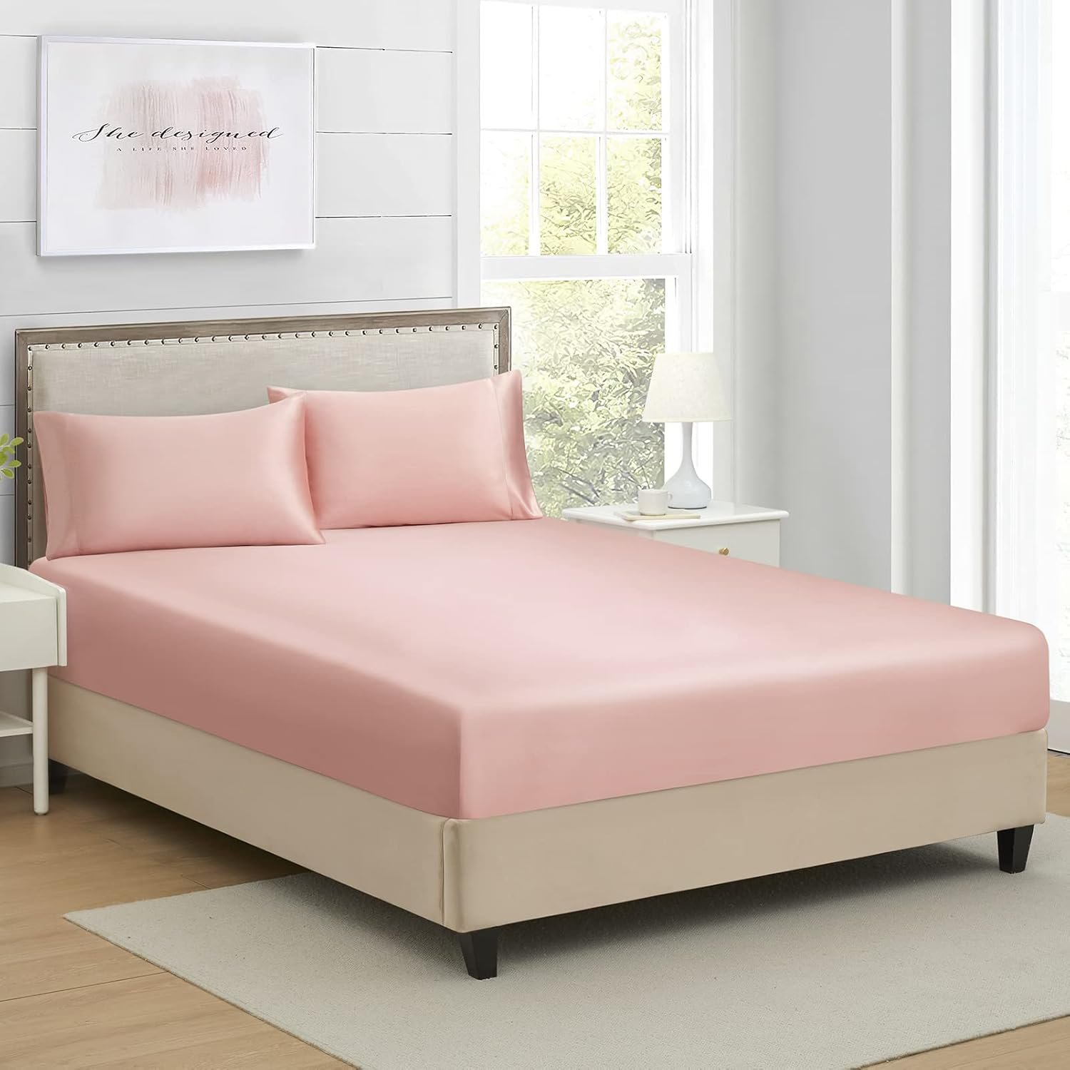 Silk satin fitted sheet, soft deep pocket design, single bed undersheet sold separately, wrinkle-resistant, colorfast, breathable, full elastic design (Queen size, blush)