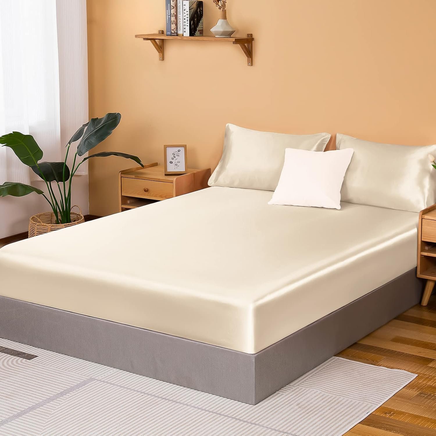 Satin Fitted Sheet, Queen size only, single silky fitted sheet, soft deep pocket fitted sheet, wrinkle-resistant, fade-resistant, and breathable fitted sheet - light khaki