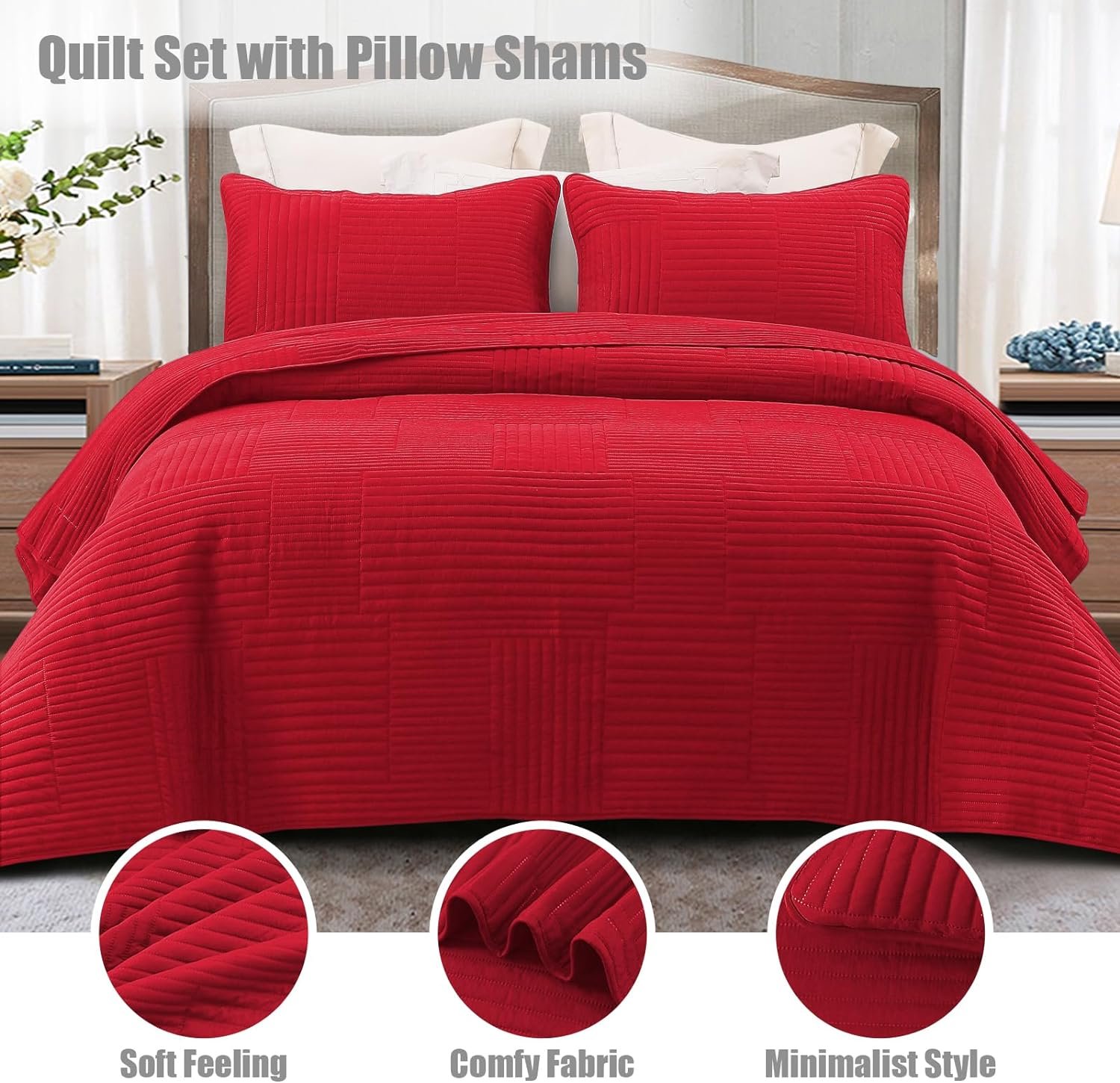 Ultra Soft Queen Quilt Bedding Set, Lightweight Microfiber Red Quilts Bedspreads Full Size, 3 Piece Ultrasonic Geometric Coverlet Bed Cover for All Seasons - Image 2