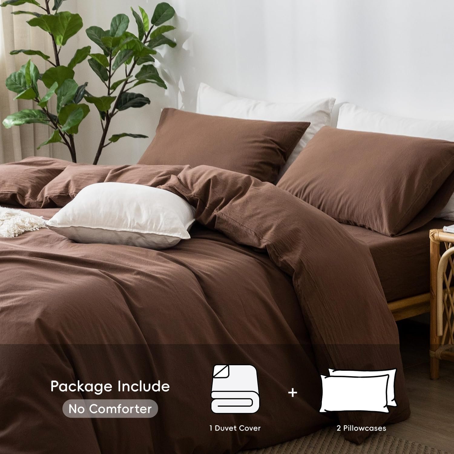 Bedding Duvet Cover Set 100% Washed Cotton Linen Like Textured Breathable Durable Soft Comfy (Cocoa Brown, King) - Image 2
