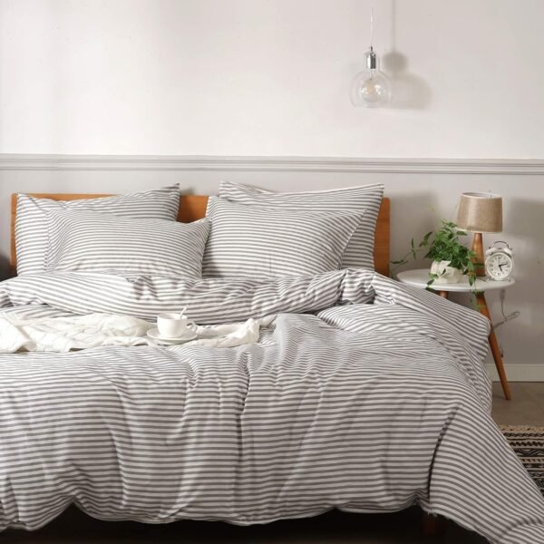 Bedding Duvet Cover Set, 100% Natural Cotton 3pcs Striped Duvet Cover Sets, White Duvet Cover with Grey Stripes Pattern Printed Comforter Cover, with Zipper Closure & Corner Ties(Queen Size)
