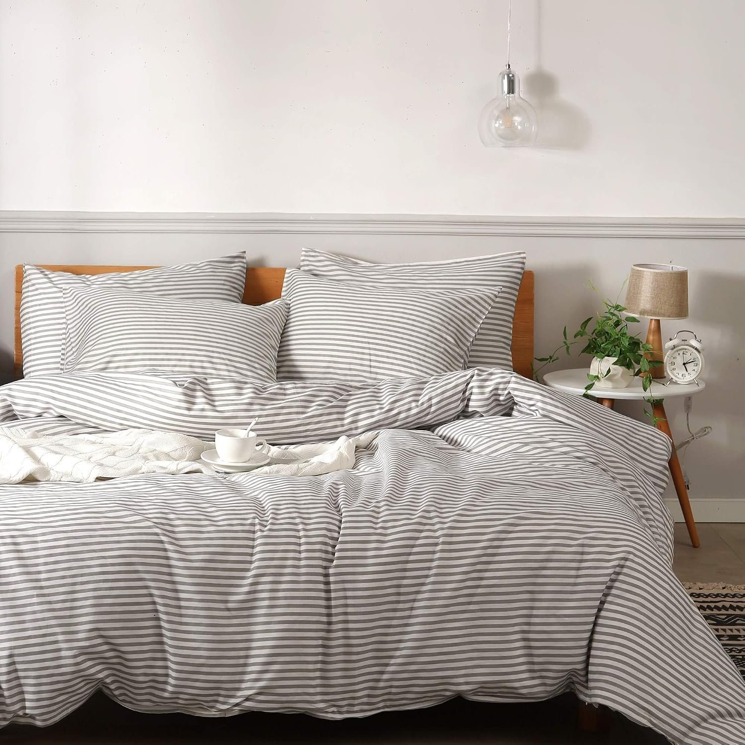 Bedding Duvet Cover Set, 100% Natural Cotton 3pcs Striped Duvet Cover Sets, White Duvet Cover with Grey Stripes Pattern Printed Comforter Cover, with Zipper Closure & Corner Ties(Queen Size)