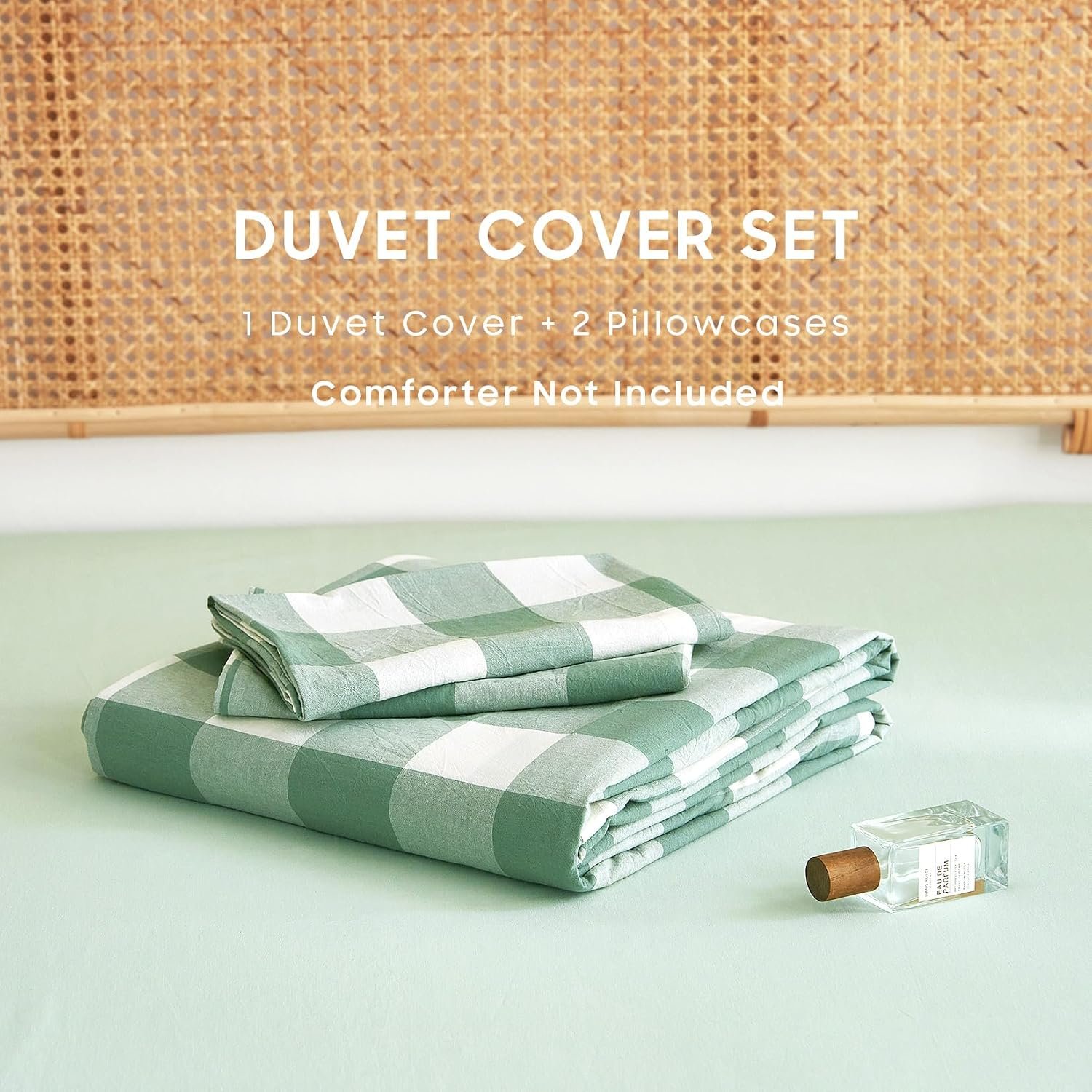 Cotton Duvet Cover Set, Plaid Buffalo Check Checkered Farmhouse, 100% Washed Cotton Textured Percale Bedding Set, 3 Pieces, Green White, Full Size - Image 2