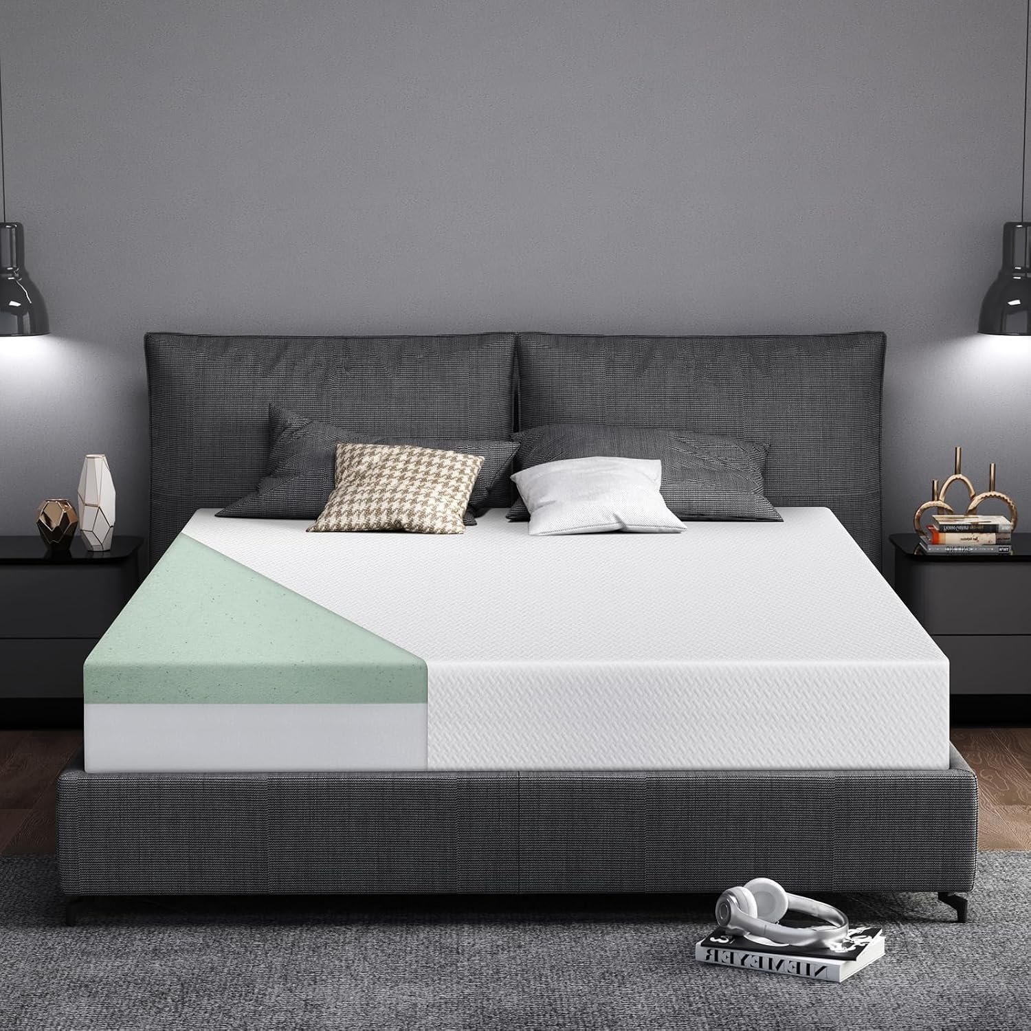 Extra Firm Queen Size Memory Foam Mattress 8 Inch with Tencel Cover, Premier Cooling Green Tea/Gel Bed Mattresses in a Box, Firm-Mattress for Back Pain, CertiPUR-US Deep Sleep, in USA, 80'' x 60''