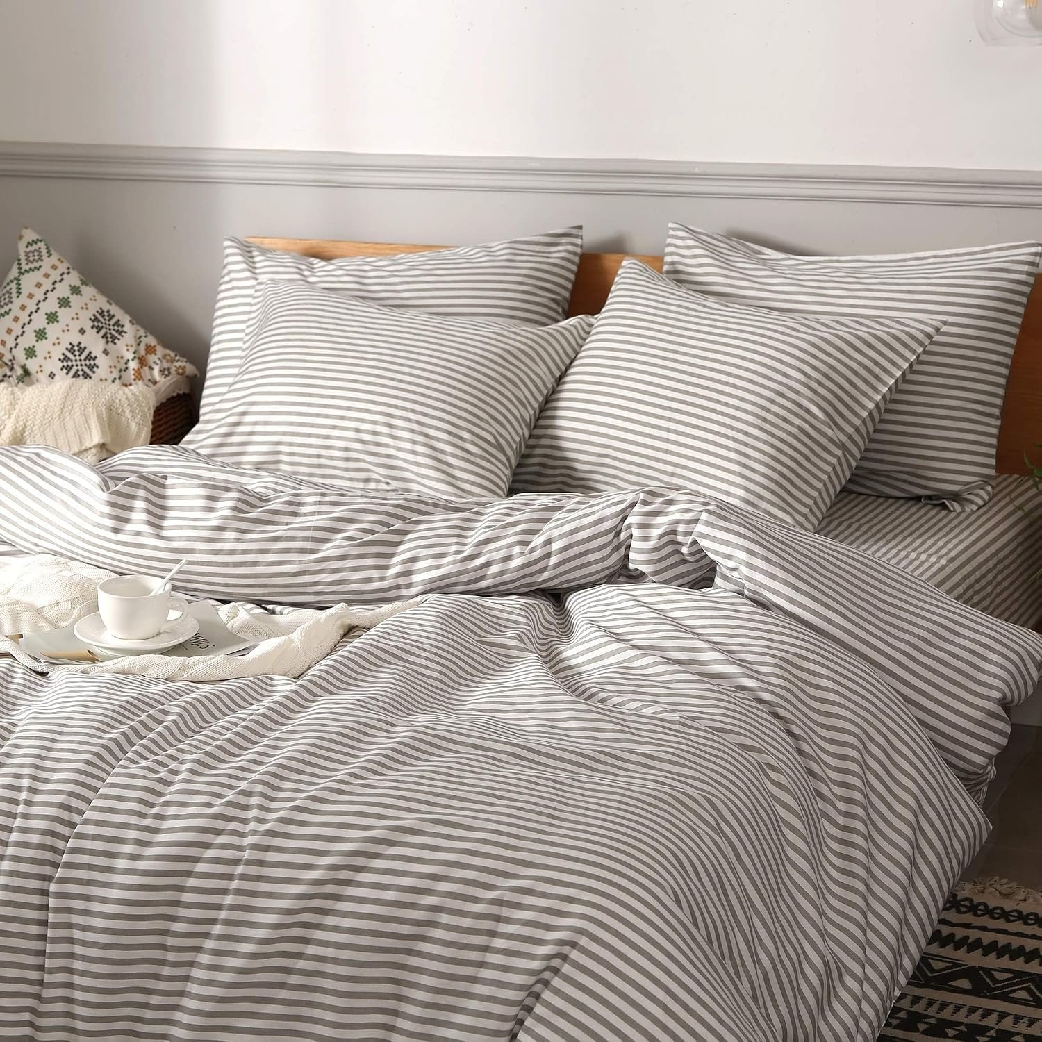 Bedding Duvet Cover Set, 100% Natural Cotton 3pcs Striped Duvet Cover Sets, White Duvet Cover with Grey Stripes Pattern Printed Comforter Cover, with Zipper Closure & Corner Ties(Queen Size) - Image 2