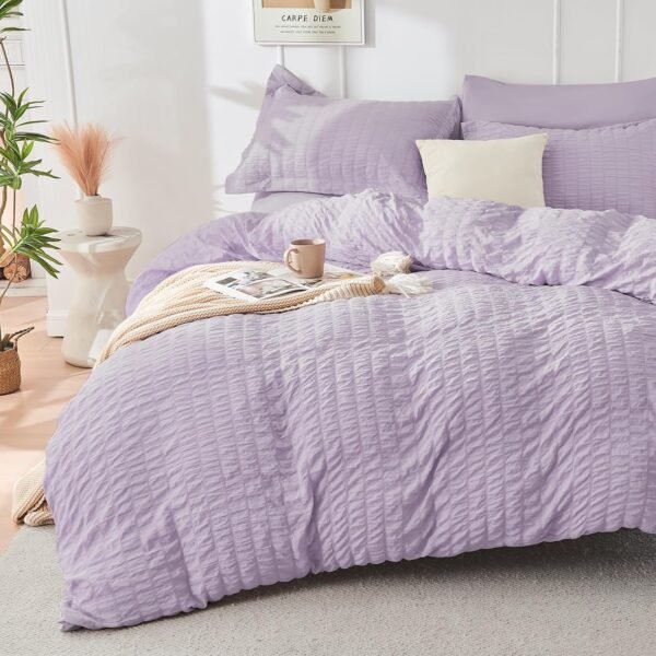 Lavender Duvet Cover Queen Size, Ultra Soft 3-Piece Seersucker Duvet Cover Set with Zipper Closure, Soft Brushed Microfiber Bedding Set with 8 Corner Ties (90"x90", 2 )