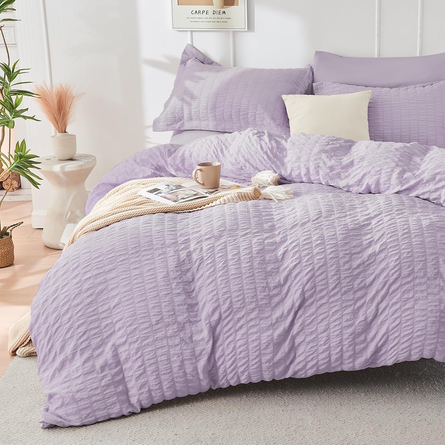 Lavender Duvet Cover Queen Size, Ultra Soft 3-Piece Seersucker Duvet Cover Set with Zipper Closure, Soft Brushed Microfiber Bedding Set with 8 Corner Ties (90"x90", 2 )