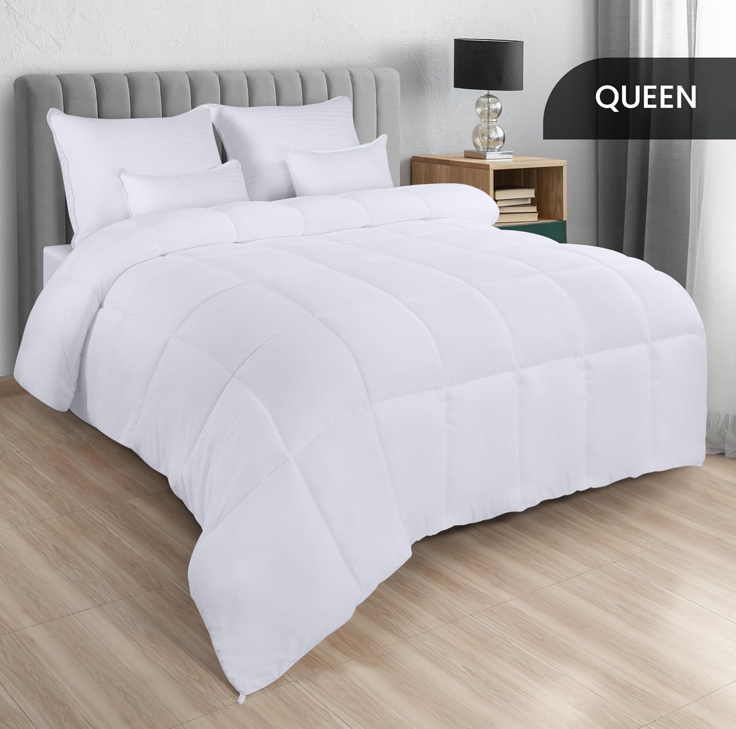 Comforters Queen Size, All Season Duvet Insert, Down Alternative Box Stitched Bed Comforter with Corner Tabs, Machine Washable (White) - Image 2