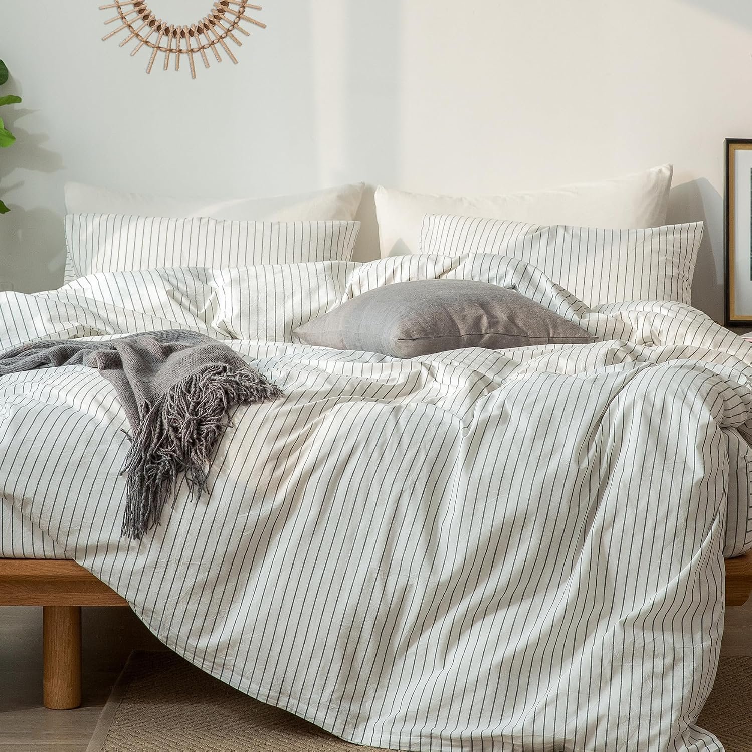 Striped Duvet Cover Set 100% Washed Cotton Linen Like Textured Breathable Durable Soft Comfy (White Dark Grey Wide Stripes, Queen)