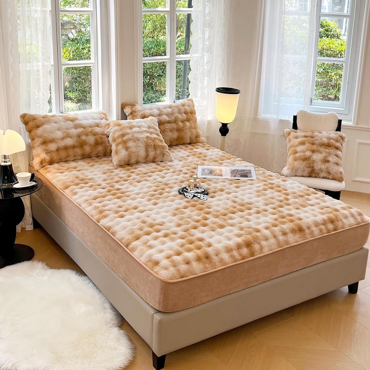 Plush Long-Pile Fitted Sheet, Full Size - Velvet fitted sheet, faux fur base fabric, 15-inch deep pocket, flannel warm tie-dye mattress cover, pillowcase not included, gold - Image 2