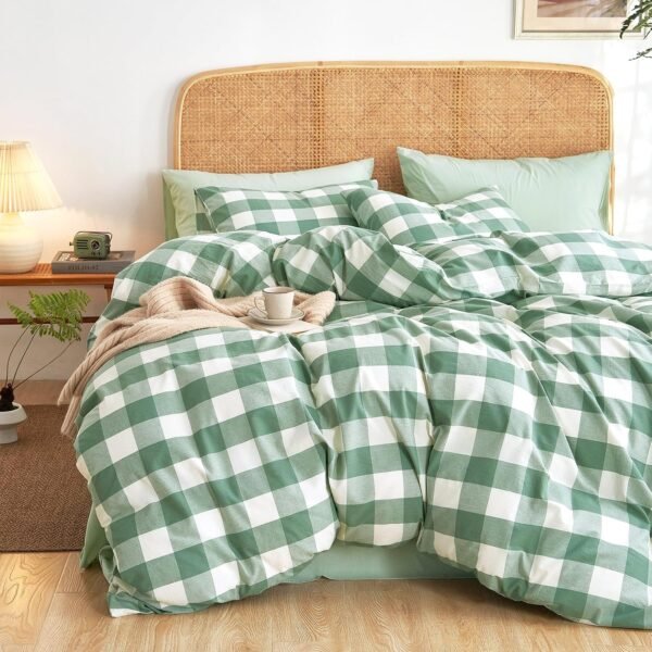 Cotton Duvet Cover Set, Plaid Buffalo Check Checkered Farmhouse, 100% Washed Cotton Textured Percale Bedding Set, 3 Pieces, Green White, Full Size