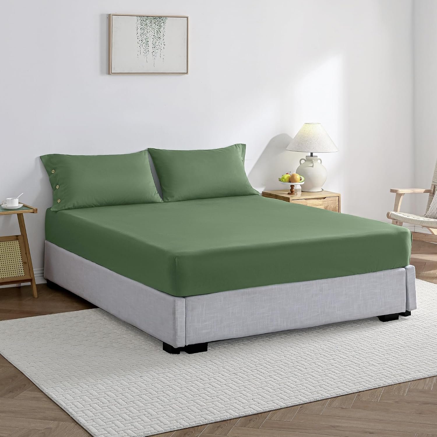 Fitting sheet, double bed, 100% cotton, green, single pack, easy to install, 16-inch deep pocket, solid color, 100% washed cotton, soft, breathable, durable fitted sheet (39 inches x 75 inches + 16 inches) (inches) - Image 2