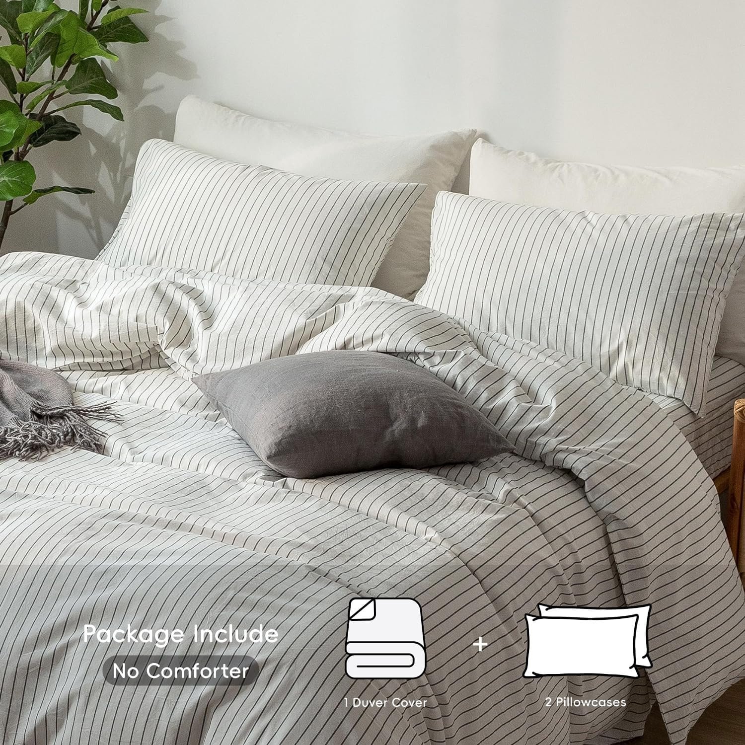 Striped Duvet Cover Set 100% Washed Cotton Linen Like Textured Breathable Durable Soft Comfy (White Dark Grey Wide Stripes, Queen) - Image 2