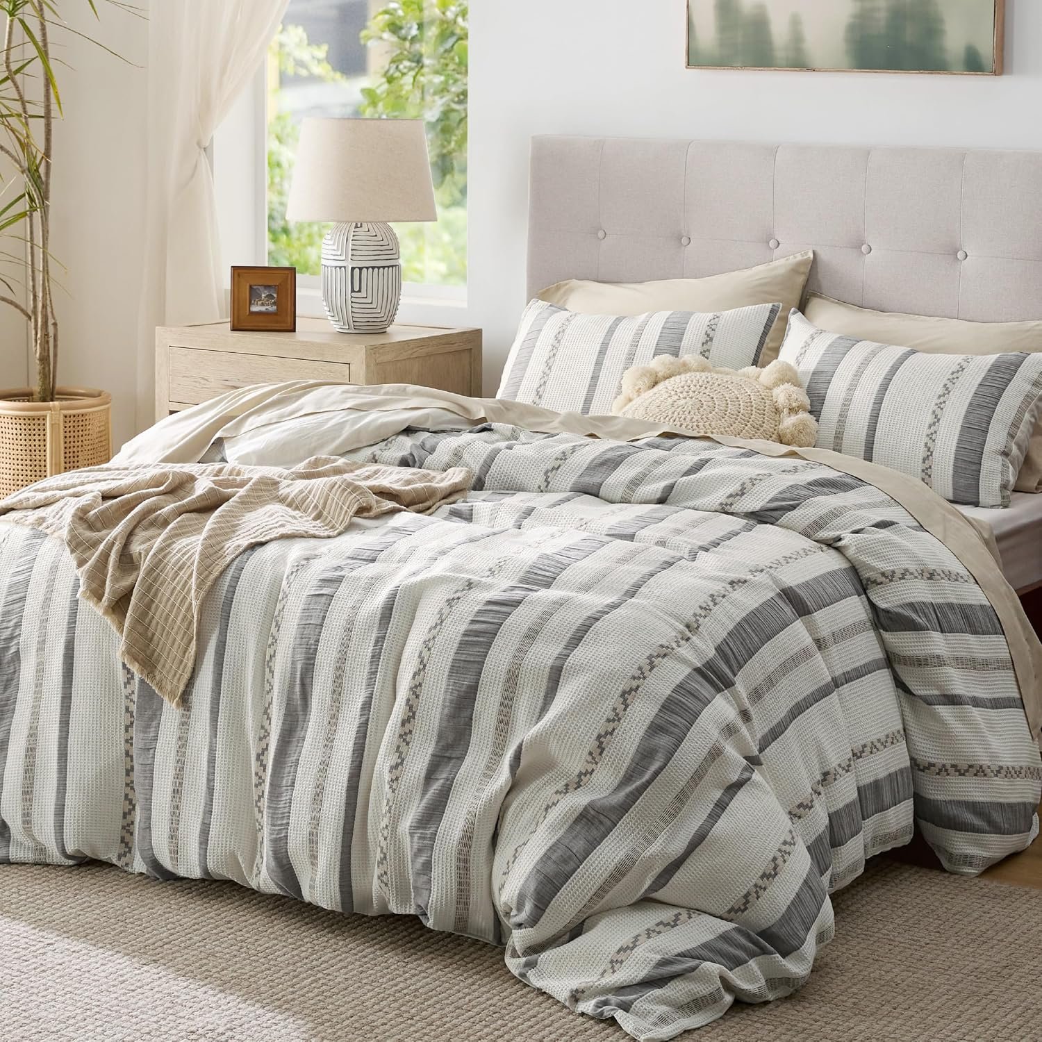Waffle Weave Duvet Cover King - 100% Cotton Boho Duvet Cover with 2 Pillowcases - Cream White Textured Comforter Cover with Zipper Closure (King, 104"x90") - Image 2