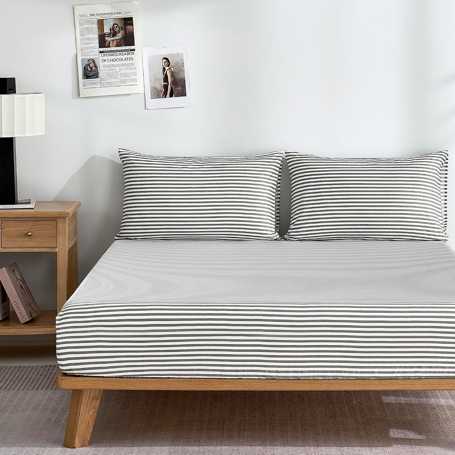 Grey striped fitted sheet (cotton), full size fitted sheet, extra deep 16 inch, ultra-soft breathable deep pocket printed grey and white striped pattern, single pack