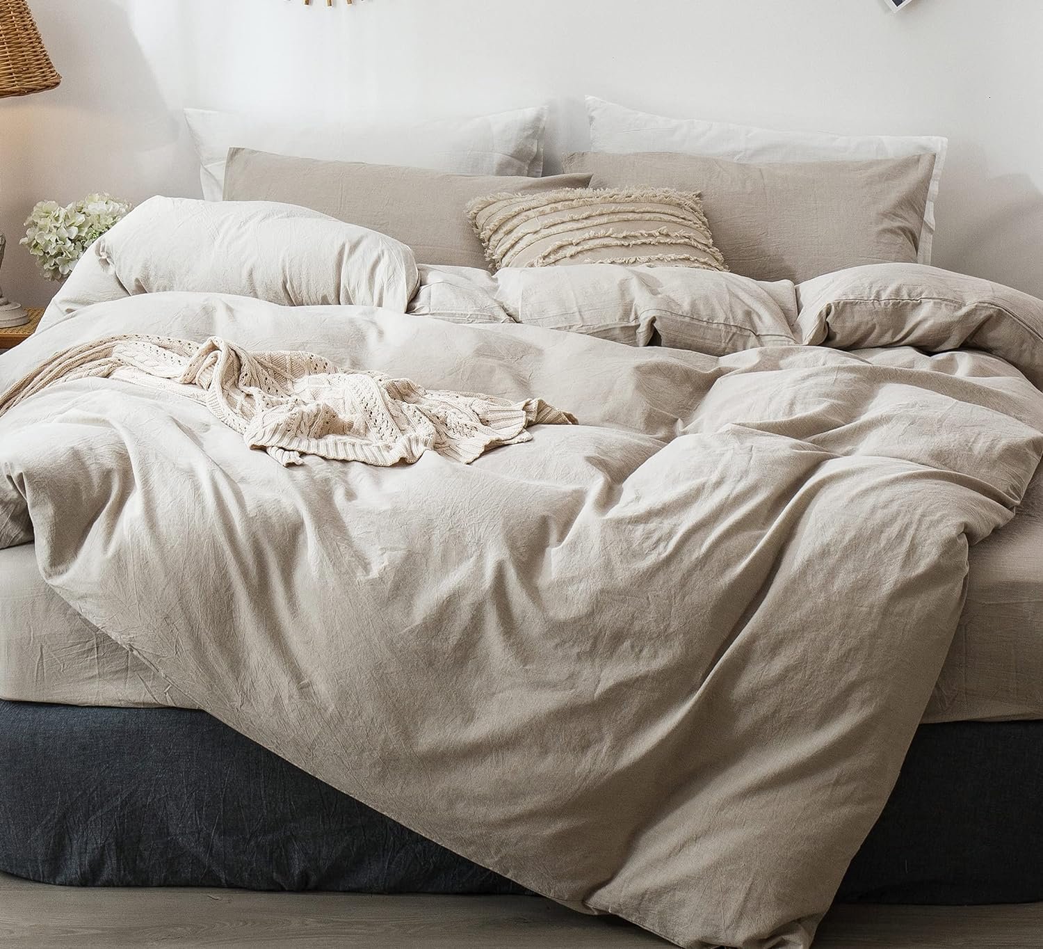 Bedding Duvet Cover Set 100% Washed Cotton Linen Like Textured Breathable Durable Soft Comfy (Tannish Linen Grey, King)