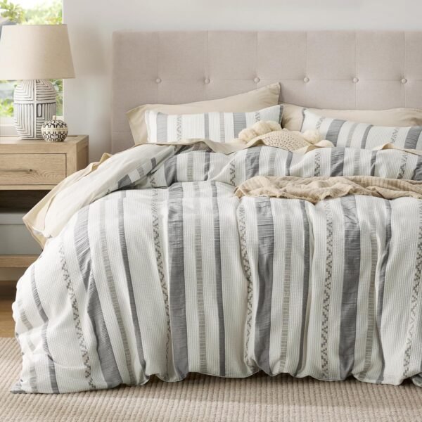 Waffle Weave Duvet Cover King - 100% Cotton Boho Duvet Cover with 2 Pillowcases - Cream White Textured Comforter Cover with Zipper Closure (King, 104"x90")