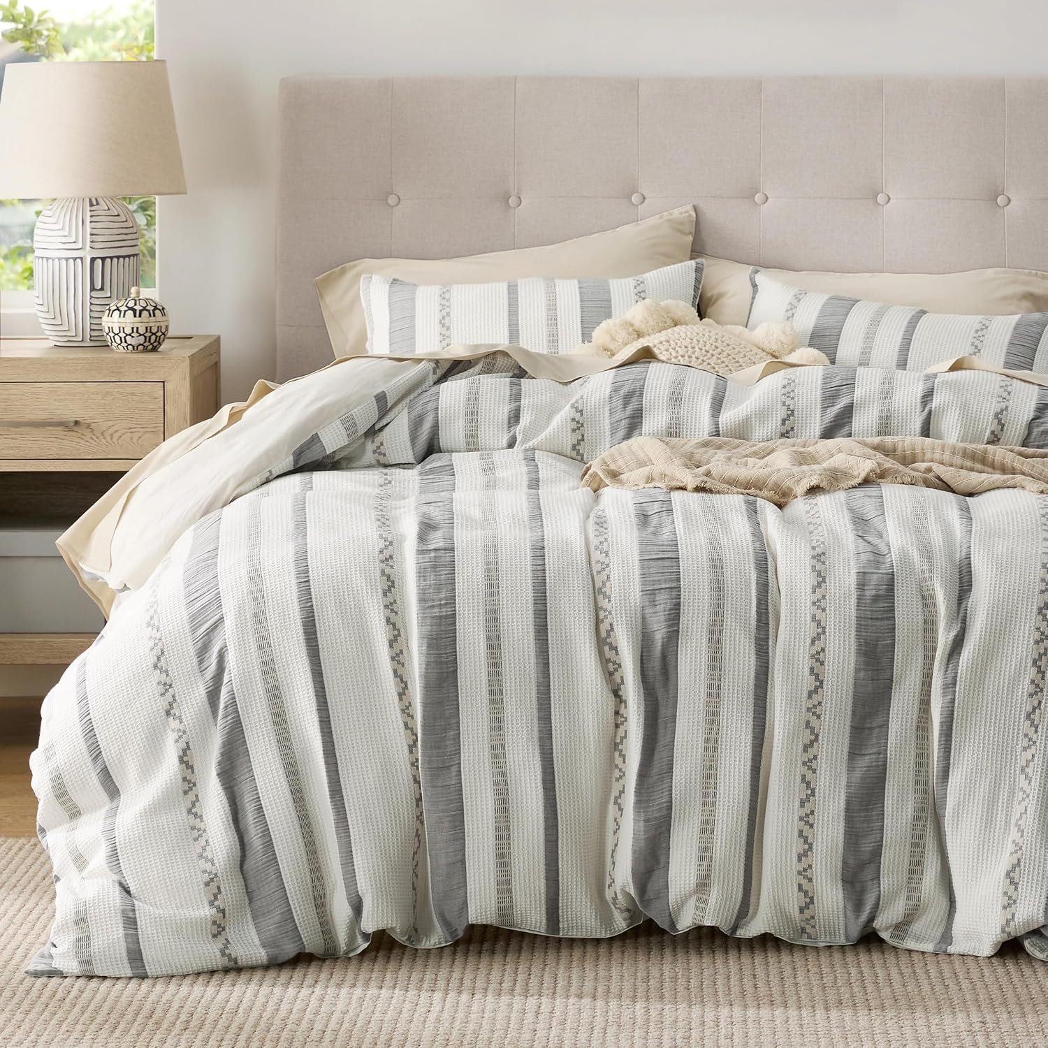 Waffle Weave Duvet Cover King - 100% Cotton Boho Duvet Cover with 2 Pillowcases - Cream White Textured Comforter Cover with Zipper Closure (King, 104"x90")