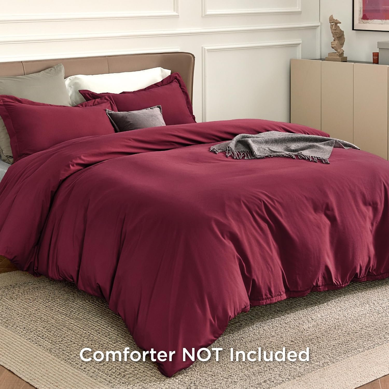 Duvet Cover Queen Size - Soft Double Brushed Bedding Set for Kids & Adults, Zipper Closure, 3 Pieces, Includes 1 Duvet Cover (90"x90") & 2 Pillow Shams, NO Comforter, Burgundy - Image 2